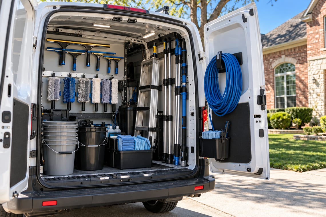 Window cleaning equipment organised in the back of a work van