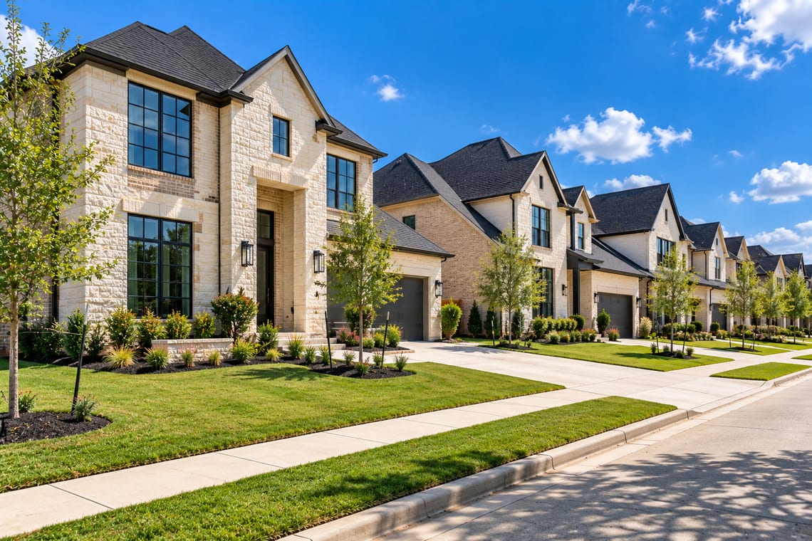 A newer suburban development of stone and brick homes
