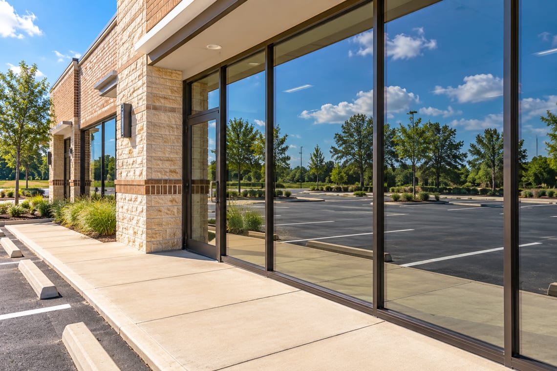 Clean glass frontage of a small suburban business unit