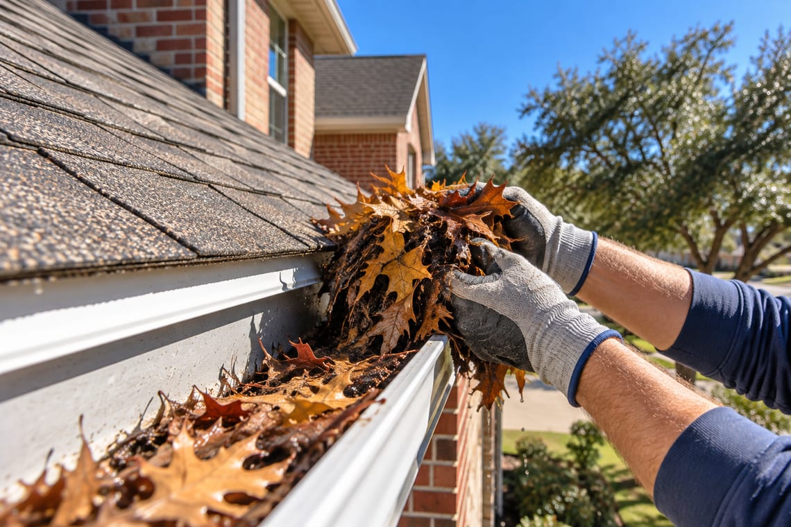 Gloved hands lifting wet leaves out of an open gutter