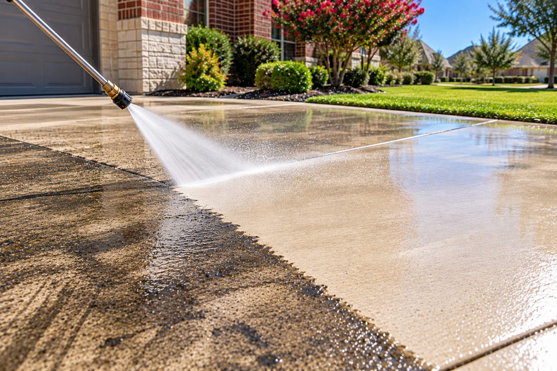 A concrete driveway mid-wash, with a sharp line between dirty and clean
