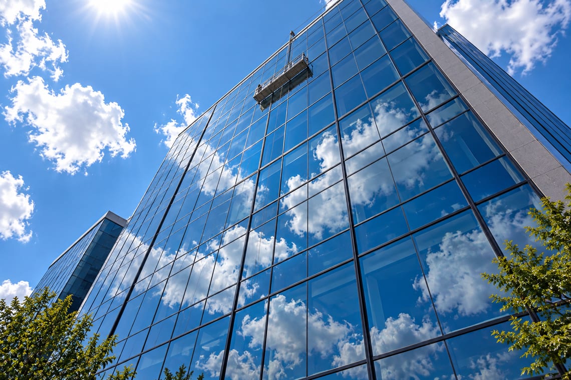 A mid-rise glass facade seen from below, reflecting sky and cloud