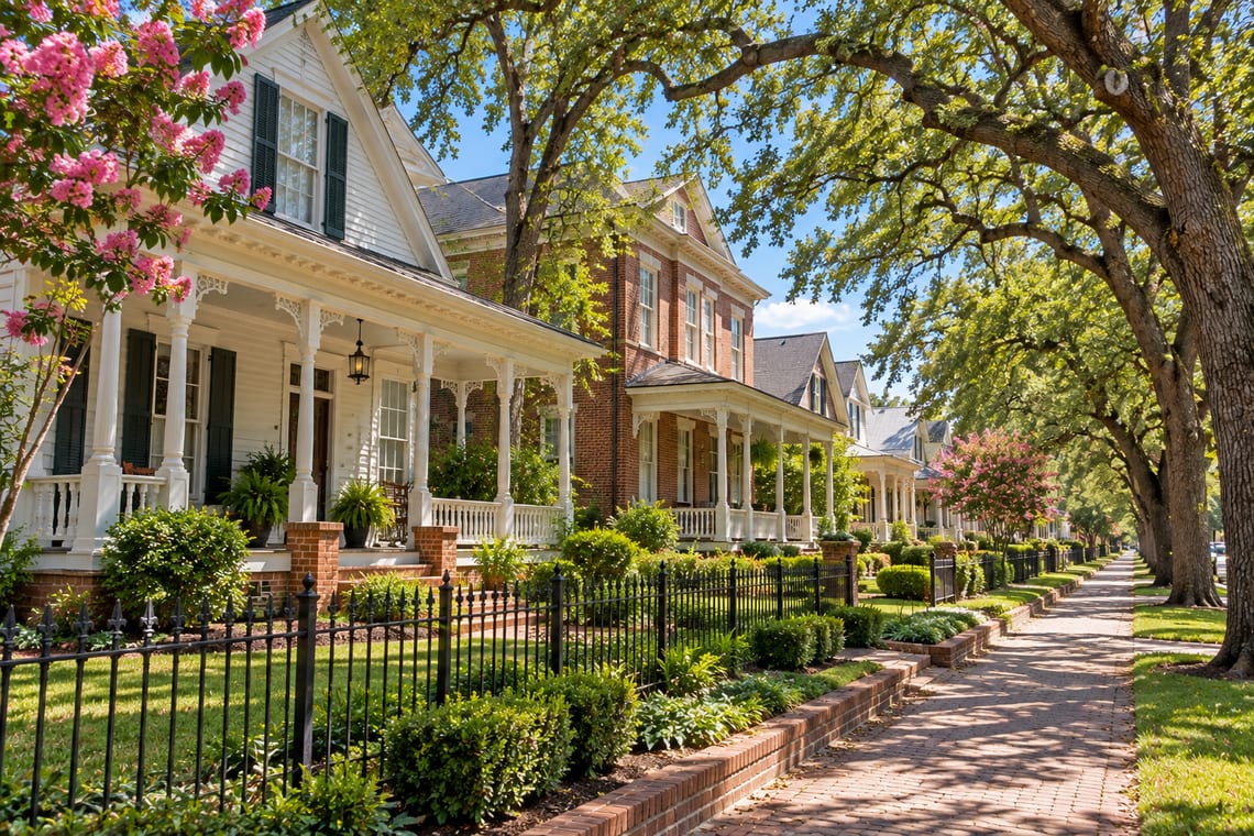 An older Texas street of homes with wood-sash windows and deep porches