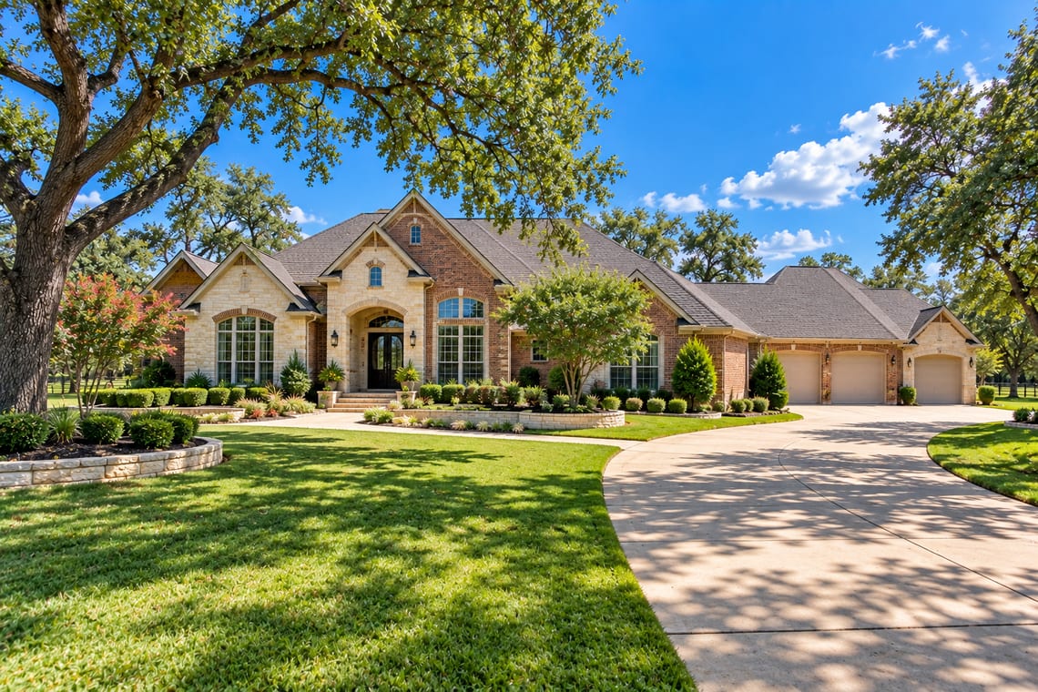 A large-lot suburban property with a long roofline and wide driveway