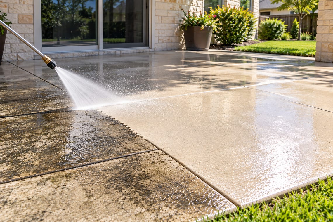 A patio half pressure-washed, the clean section sharply lighter