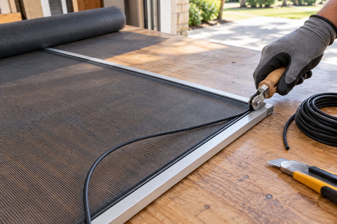 A window screen frame being re-splined on a workbench
